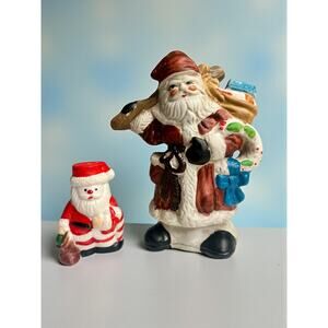Vintage Santa Figurines Pair-Hand Painted-Ceramic Christmas Decor-Retro-Holiday